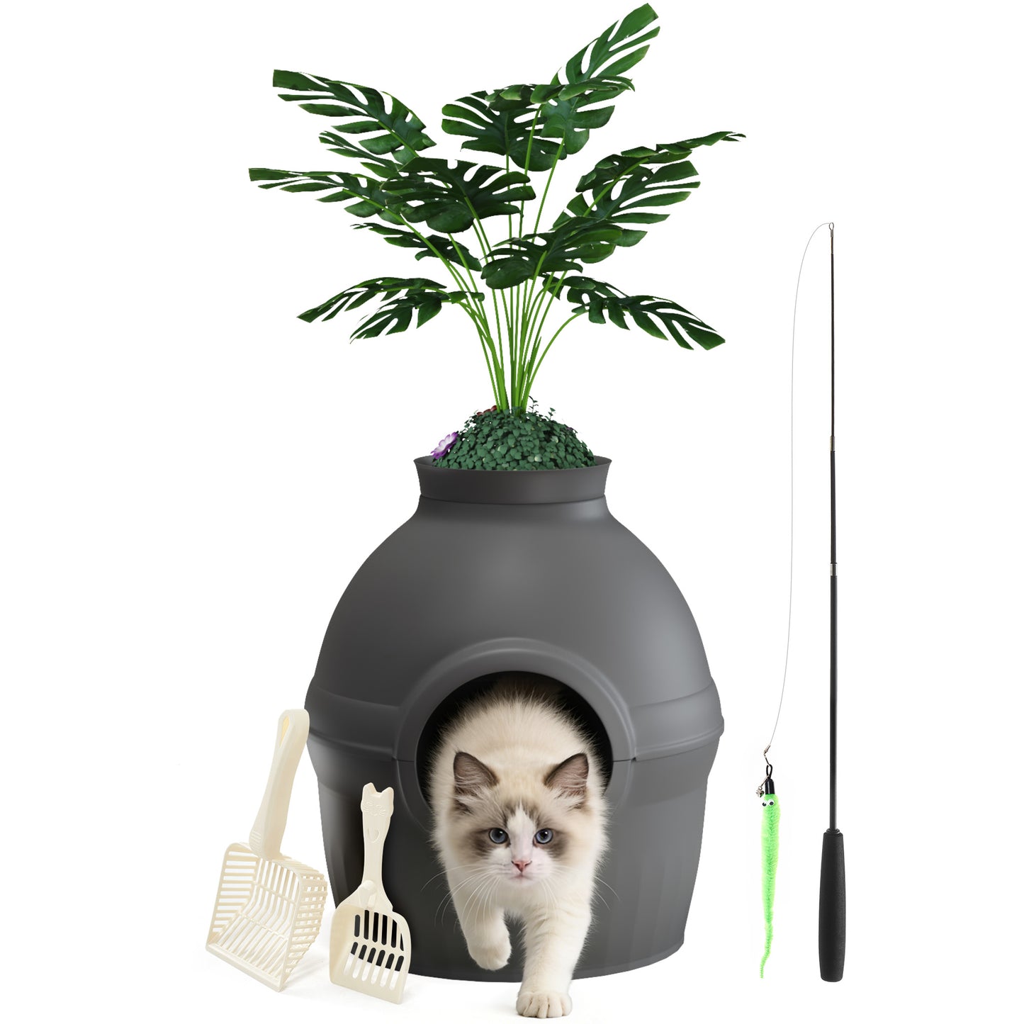 Mondeer Katzenklo mit Deckel und Blumentopf, Katzentoilette Versteckt XXL mit Pflanze, 2 Schaufel, Verstellbarer Katzenspielzeug, für Wohnzimmer Schlafzimmer Ecke, Schwarz