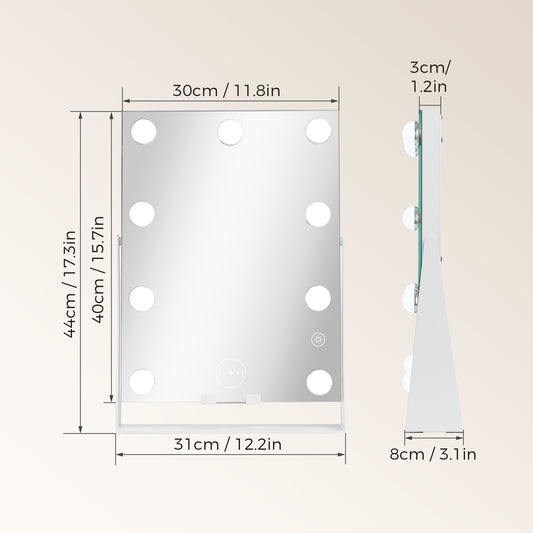 Mondeer Hollywood Vanity Mirror with Wireless Charging, Lighted Makeup Mirror with 9 Dimmable LED Bulbs, 3 Color Lighting Modes, Smart Touch Screen Control and 360° Rotation, White