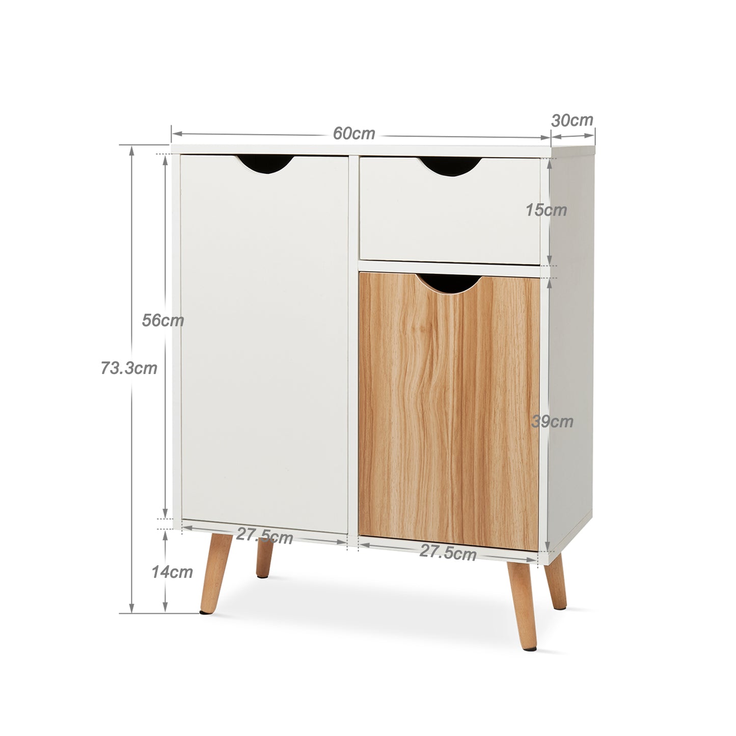Modern Storage Cabinet, White and Oak Color Matching, 2 Doors and Single Drawer