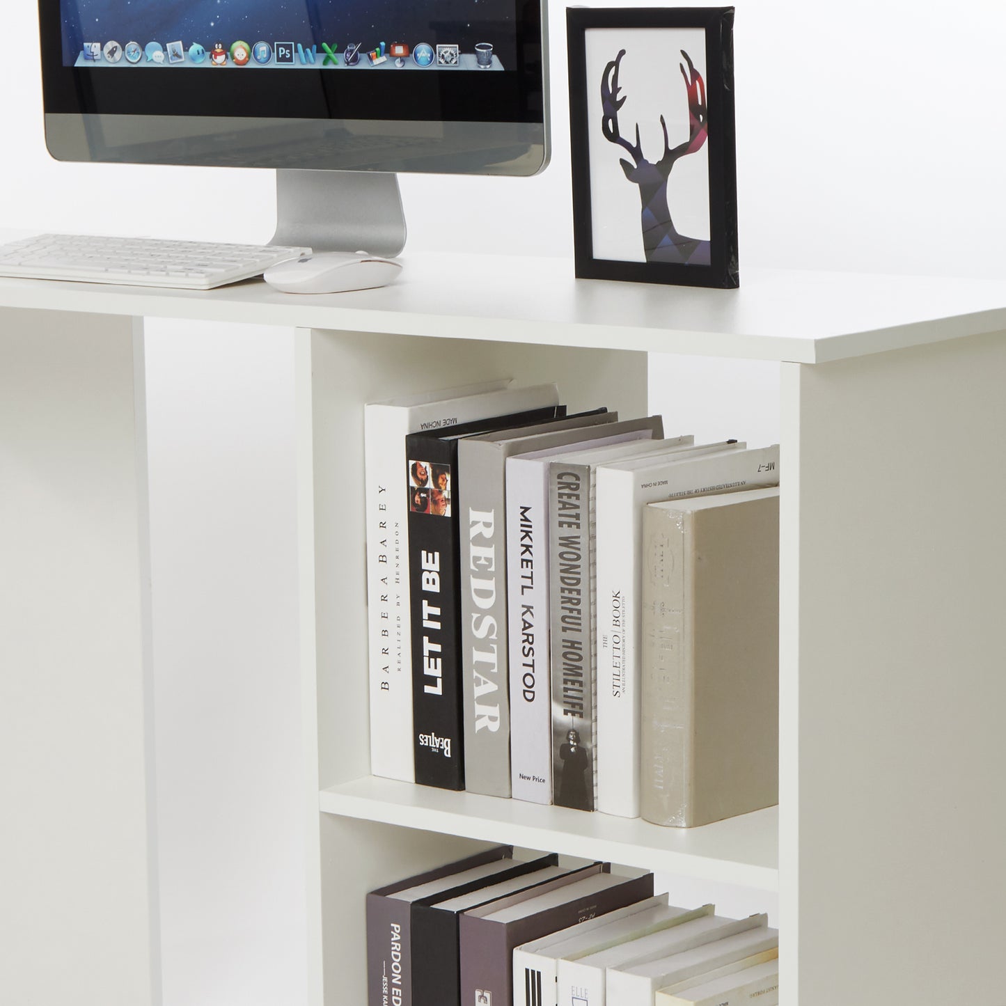 L-shaped Computer Desk, White/Black Color, 2 Storage Compartments