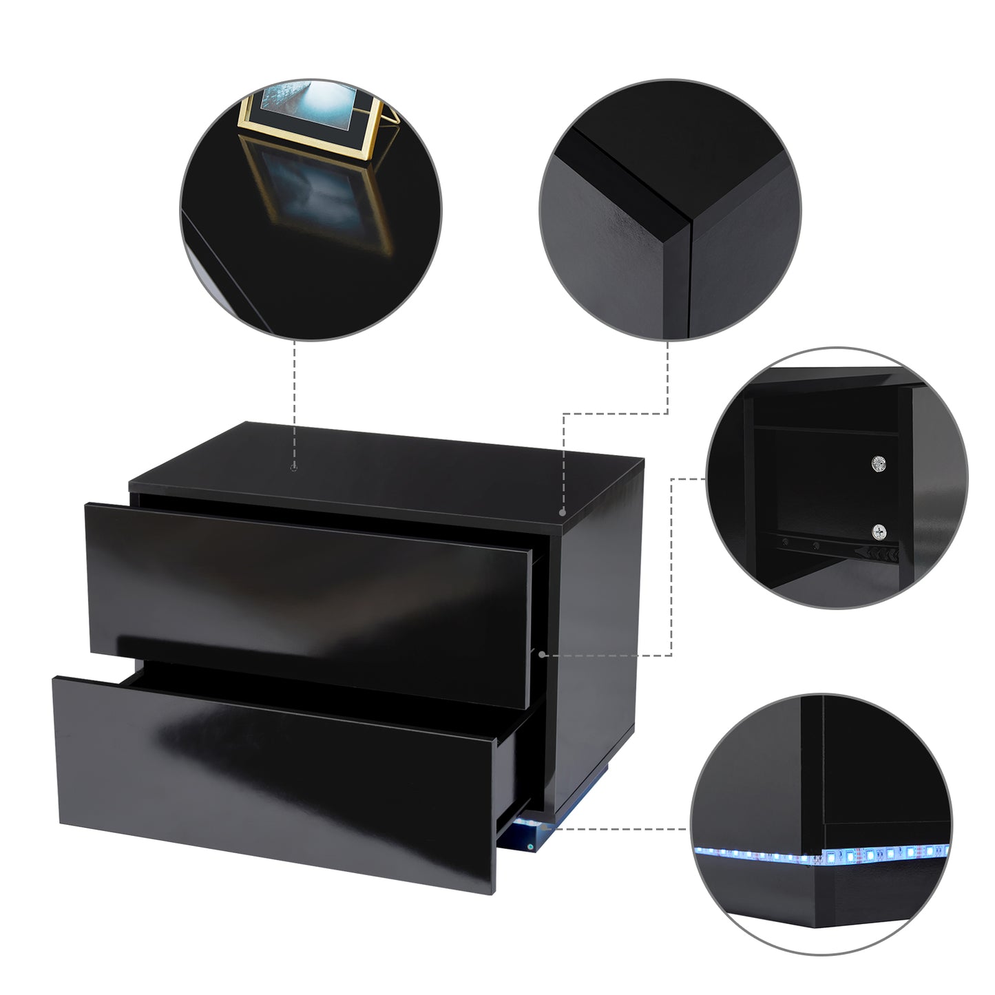 Bedside Table, LED Bedside Cabinet with 2 Drawers High Gloss with USB Light