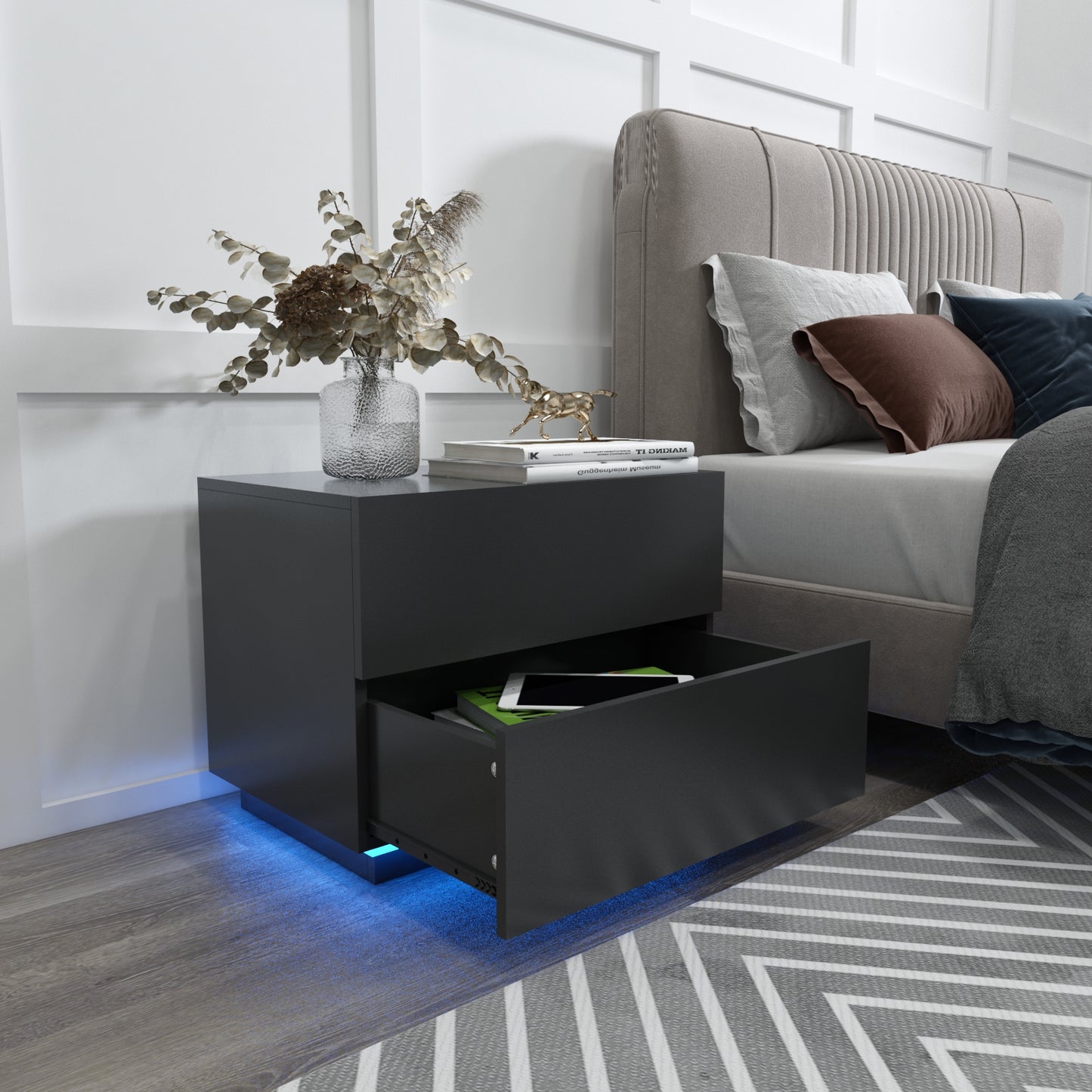 Bedside Table, LED Bedside Cabinet with 2 Drawers High Gloss with USB Light