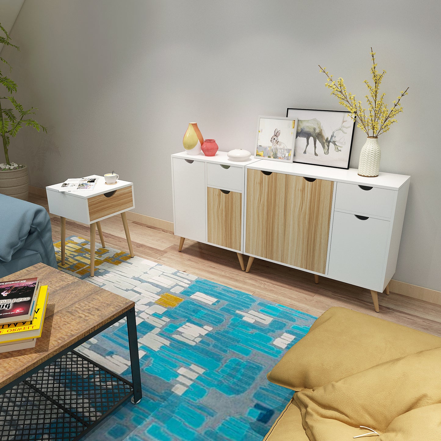 Modern Storage Cabinet, White and Oak Color Matching, Single Drawer