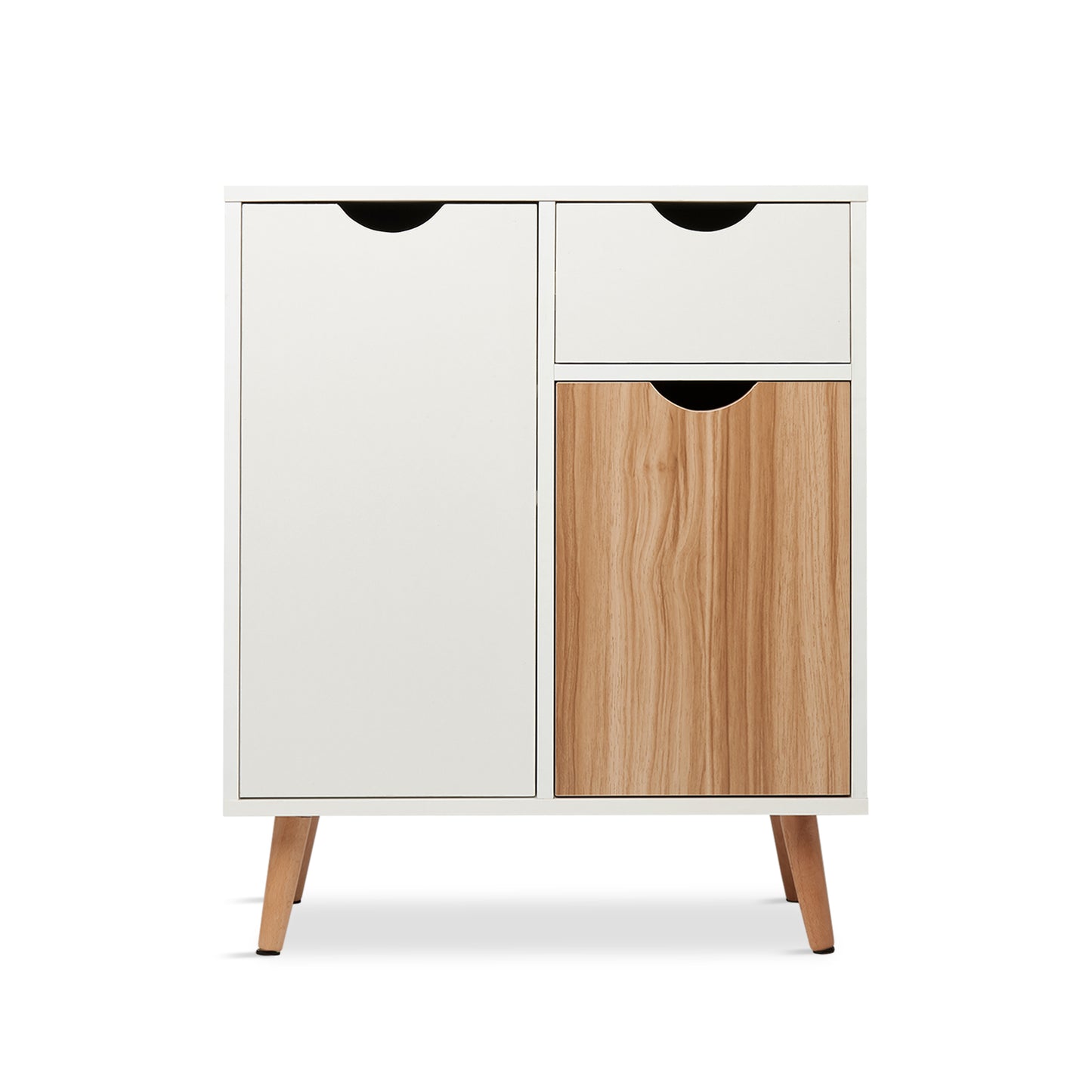 Modern Storage Cabinet, White and Oak Color Matching, 2 Doors and Single Drawer