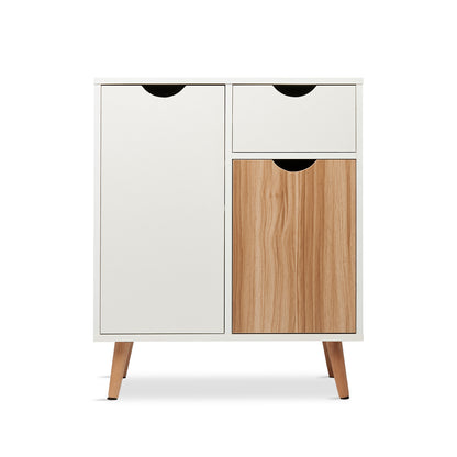 Modern Storage Cabinet, White and Oak Color Matching, 2 Doors and Single Drawer
