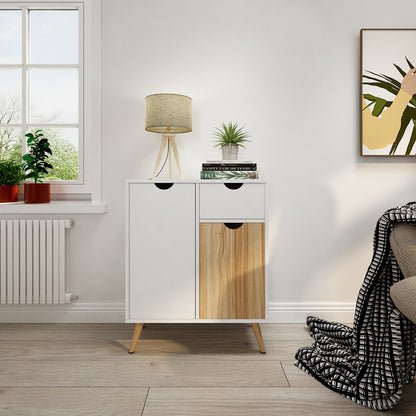 Modern Storage Cabinet, White and Oak Color Matching, 2 Doors and Single Drawer