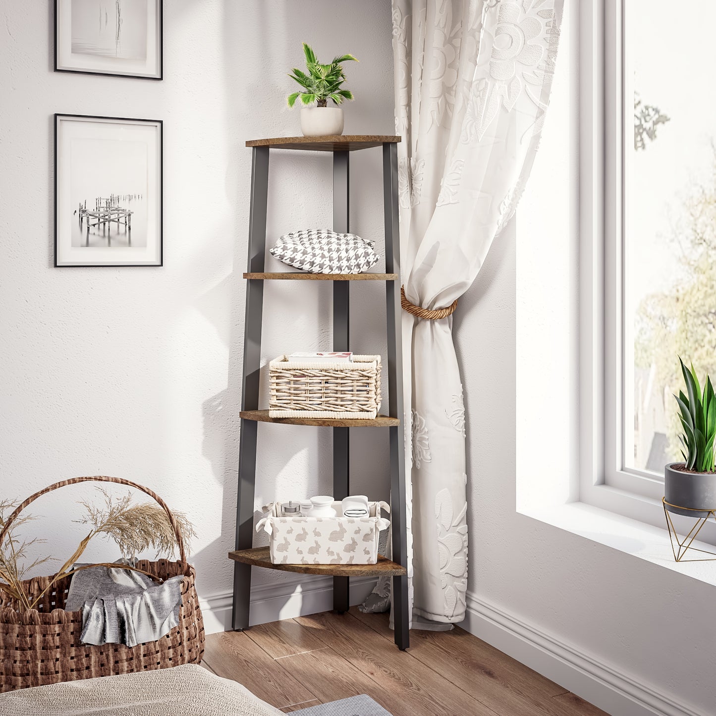 Corner Ladder Shelf, Antique Wood Grain Color, Four-layer Open Design