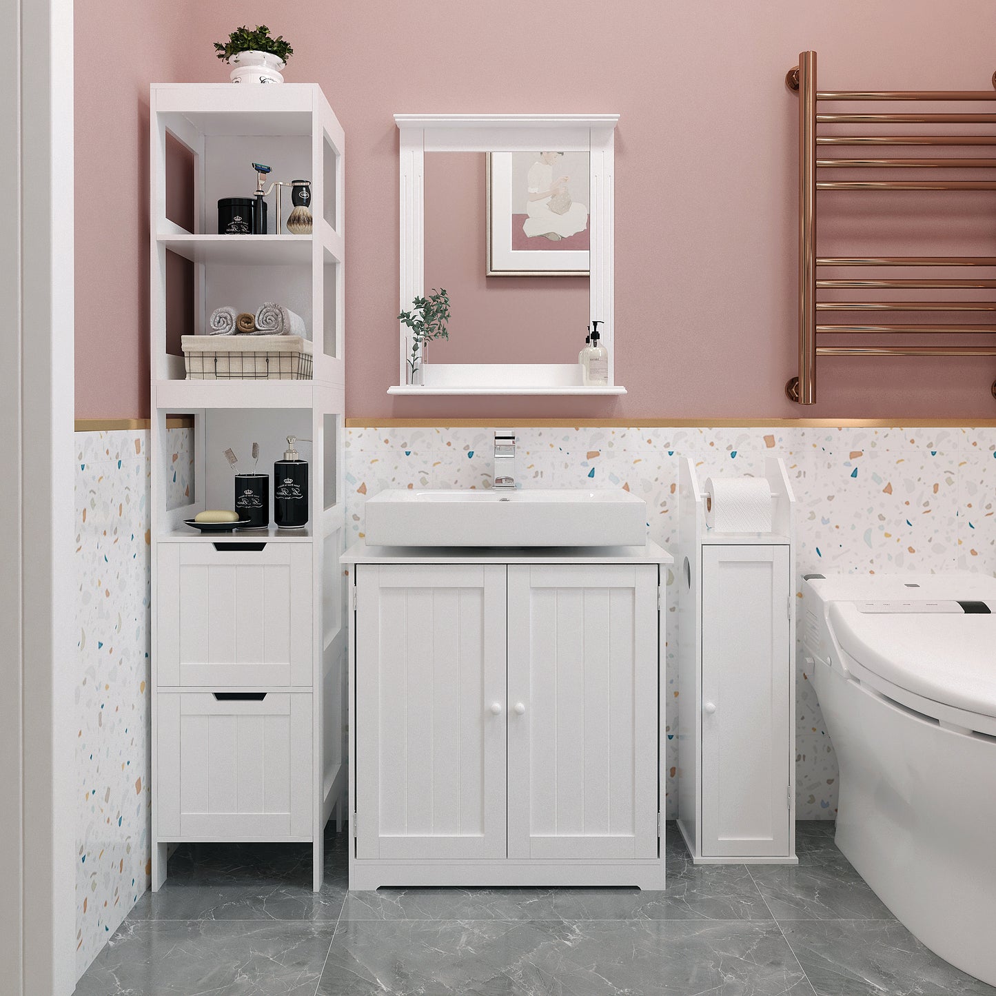 Simple Bathroom Cabinet, White Color, The Upper Open Space, 2 Drawers