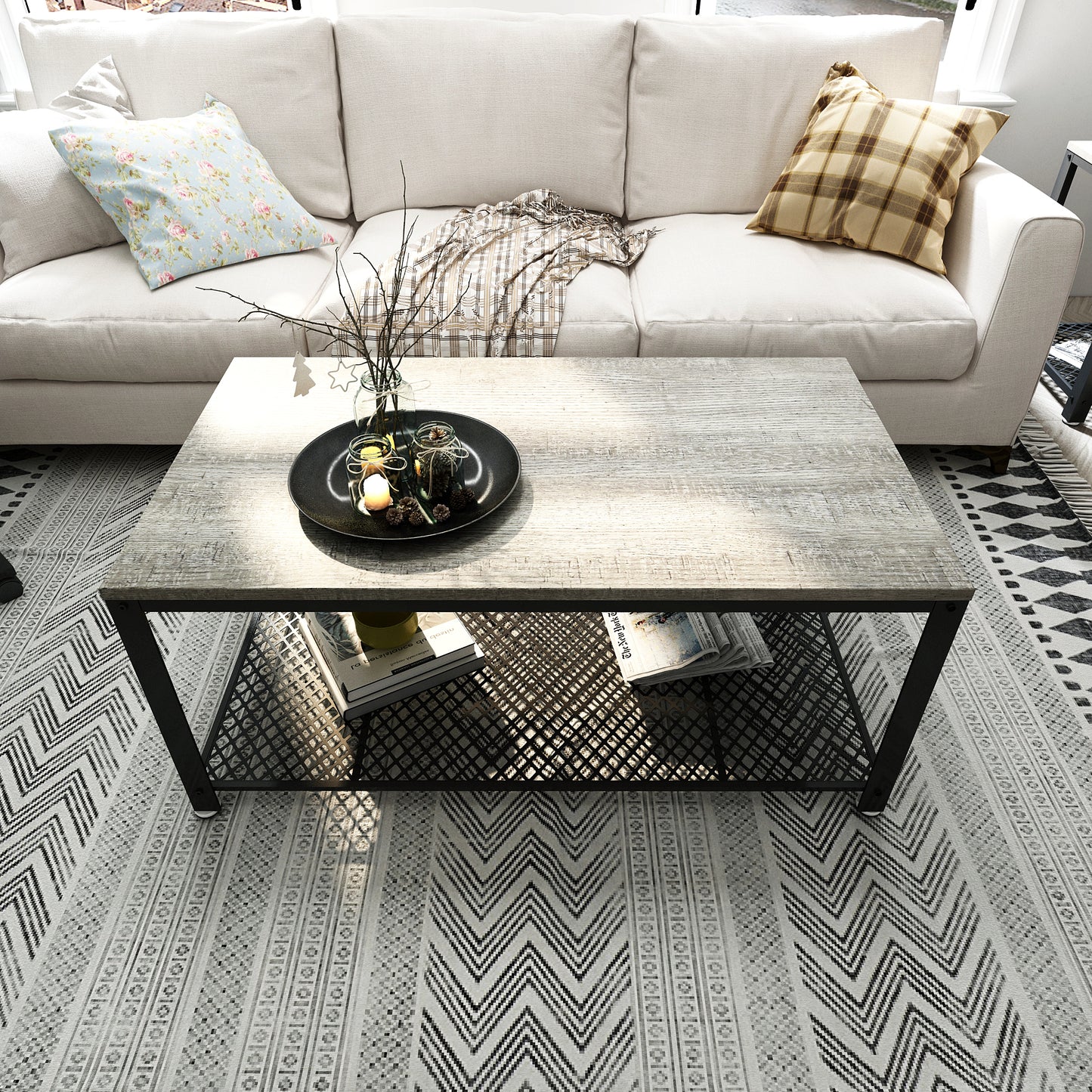 Retro Industrial Coffee Table, Antique / Warm Grey Wood Grain Color