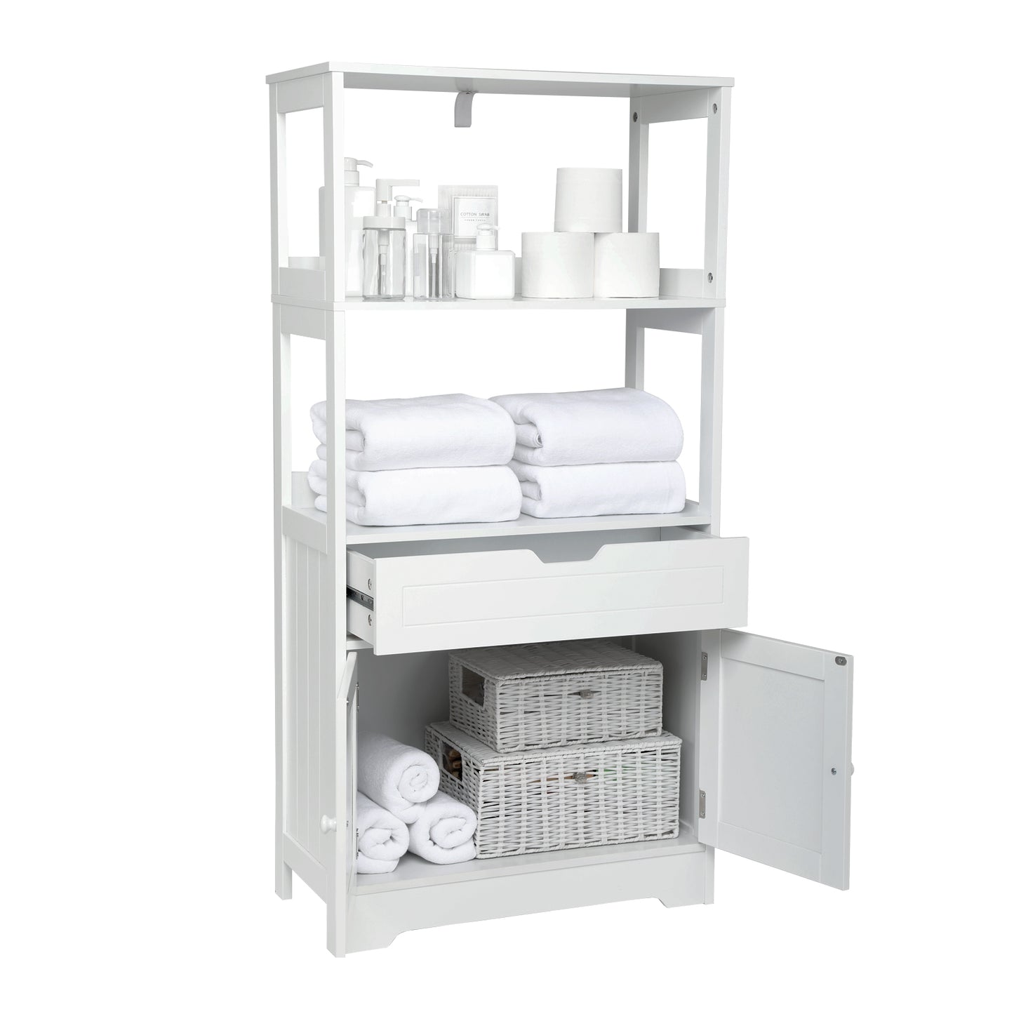 Simple Bathroom Cabinet, White Color, The Upper Open Space, Single Drawer and Door