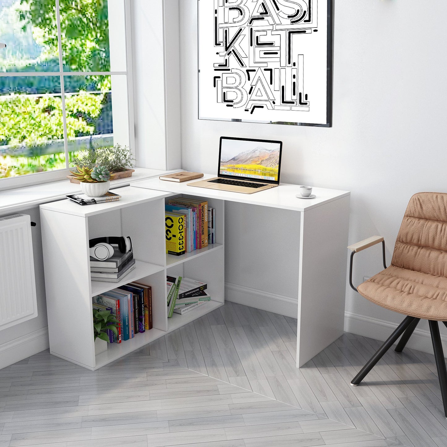 Mondeer L Shaped Desk, 41.7 Inch 360° Rotating Computer Desk with Storage Shelves for Study Home Office Living Room (White)