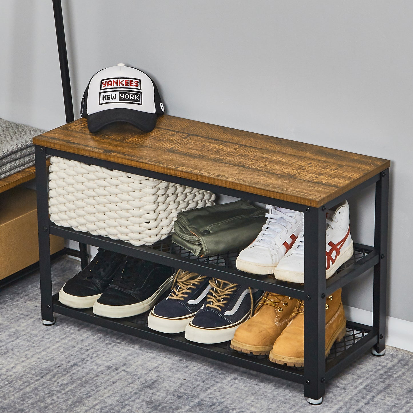 Retro Industrial Shoe Bench, Multi-layer Design, Black Painted Iron Mesh