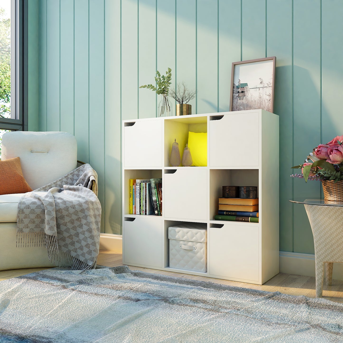 Modern Bookcase, 9 Opening Storage Cubes and Doors
