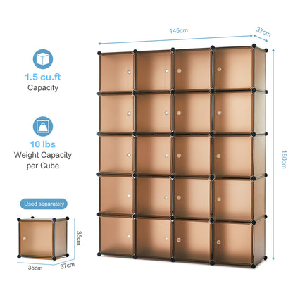 Bedroom PP Storage Wardrobe, 12 Cubes/20 Cubes, Coffee Color and Transparent
