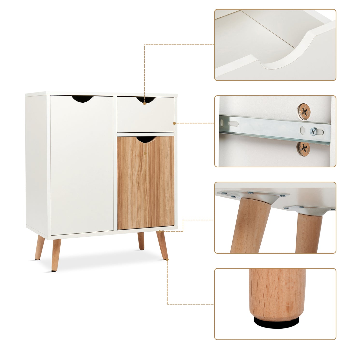 Modern Storage Cabinet, White and Oak Color Matching, 2 Doors and Single Drawer