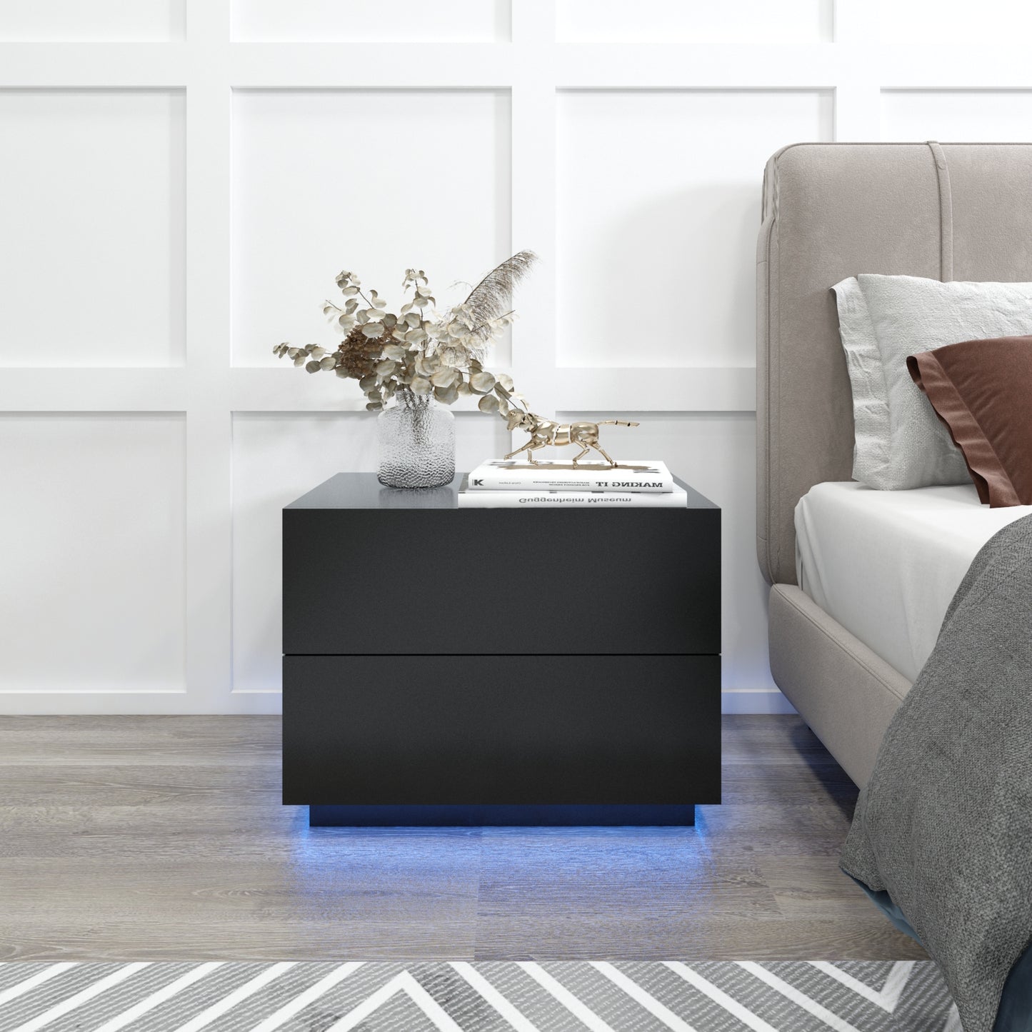 Bedside Table, LED Bedside Cabinet with 2 Drawers High Gloss with USB Light