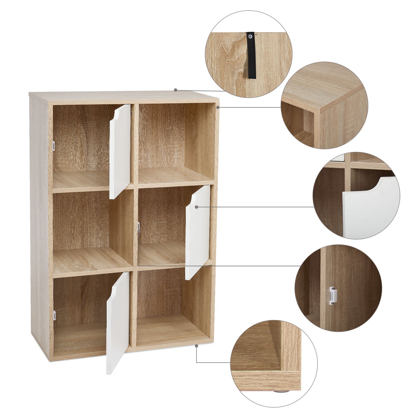 Bookcase,  White and Wood, Six Compartments with Three Doors