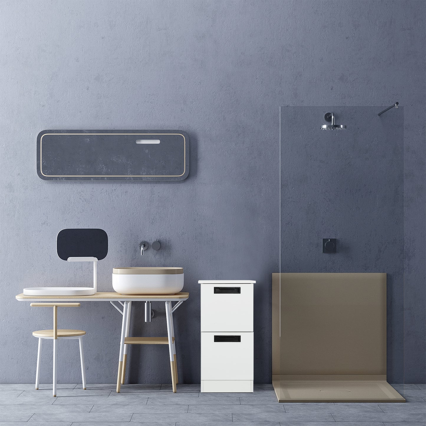 Freestanding Bathroom Cabinet, 2 Drawers and Black Pulls