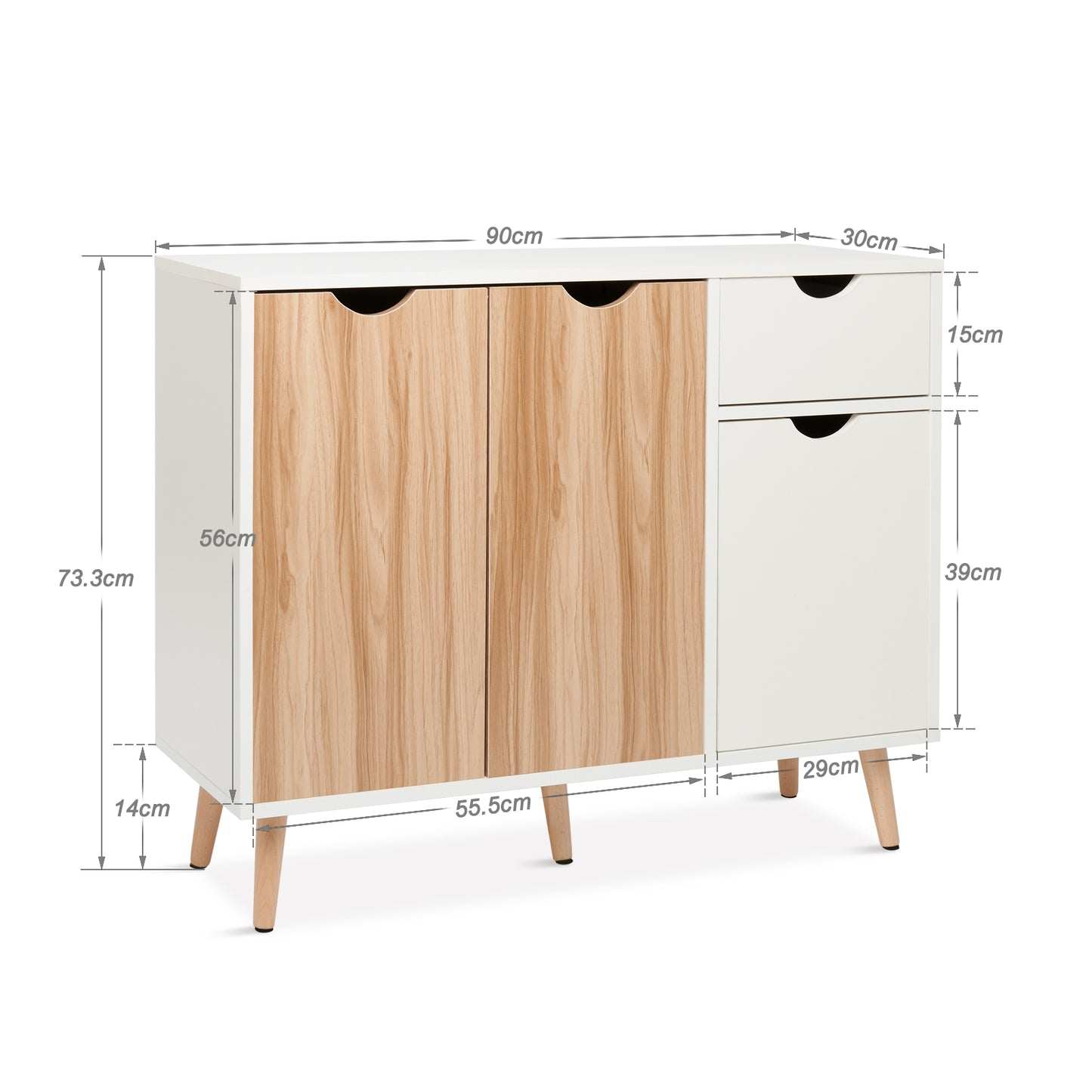 Modern Storage Cabinet, White and Oak Color Matching, 3 Doors and Single Drawer